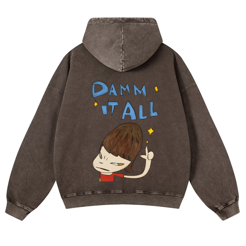 Casual Japanese Art Yoshitomo Nara Damn It All Washed Hoodie