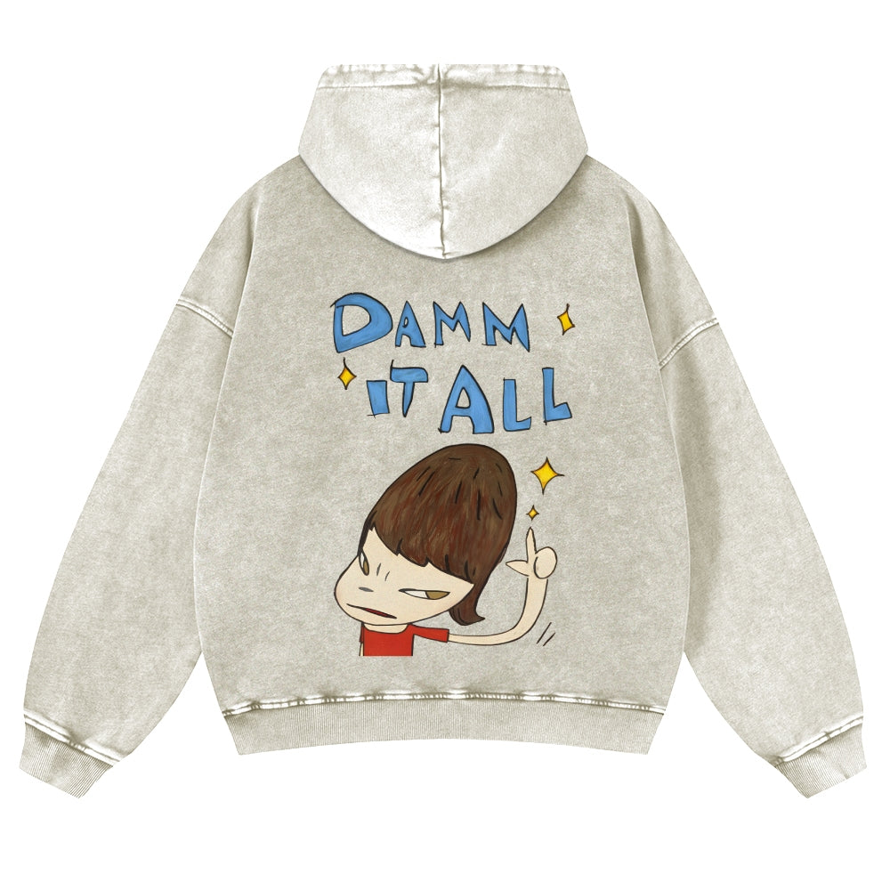 Casual Japanese Art Yoshitomo Nara Damn It All Washed Hoodie