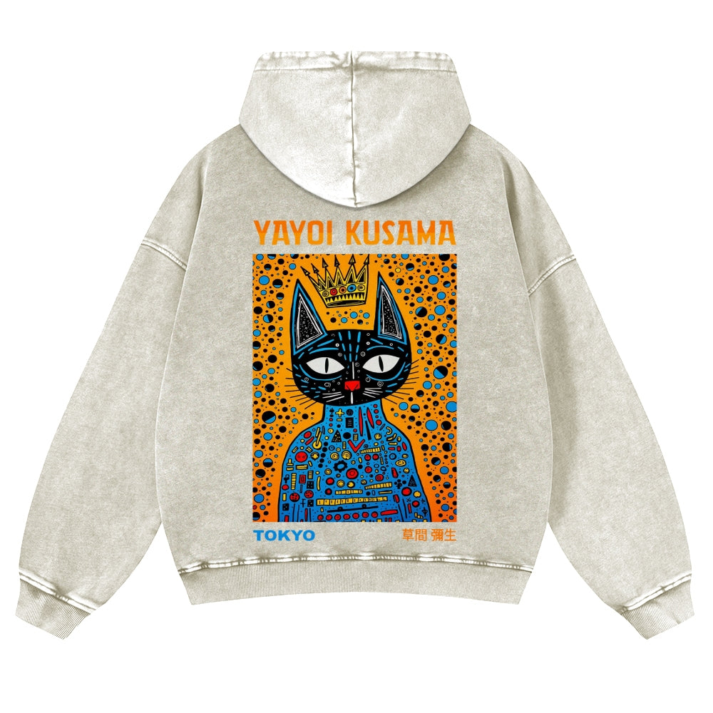 Casual Japanese Yayoi Kusama Cat Washed Hoodie