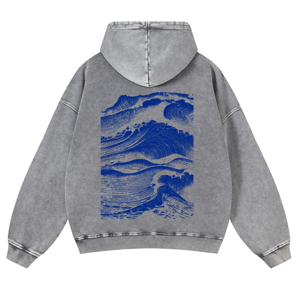 Casual Japanese Wave Washed Hoodie