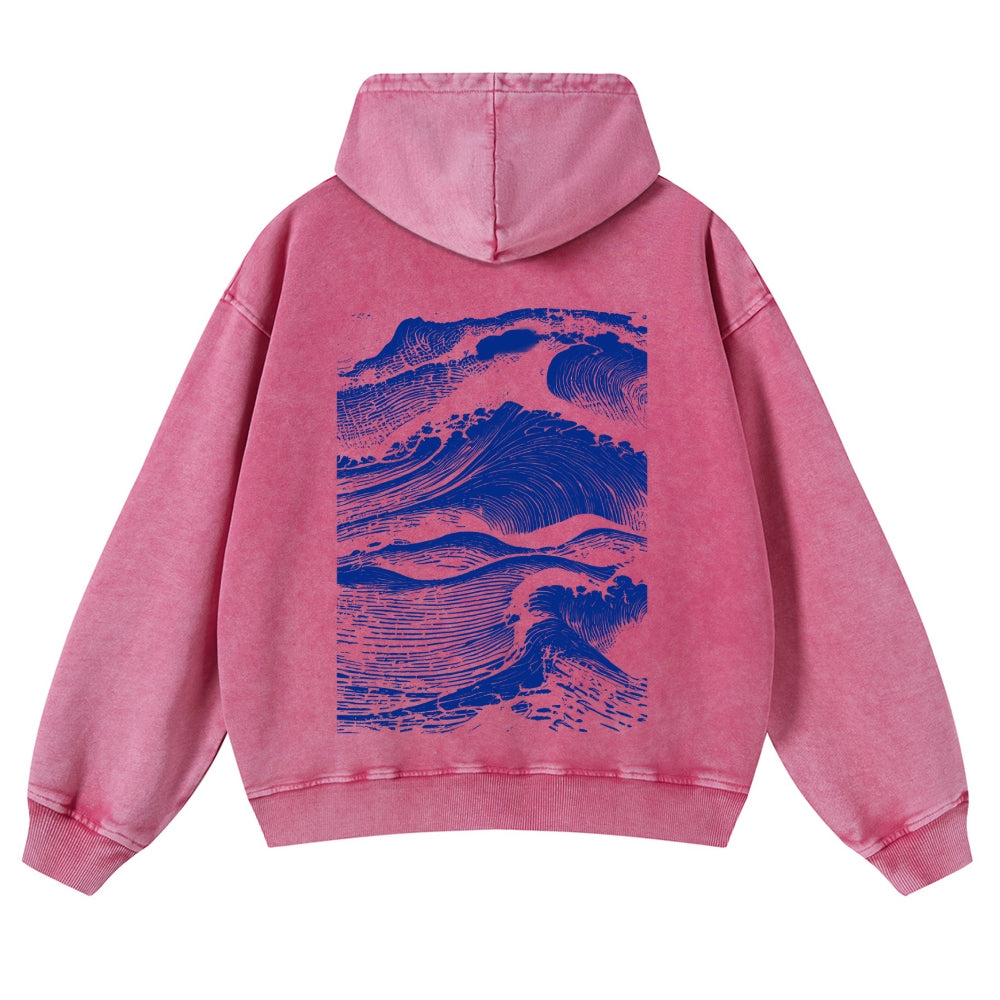 Casual Japanese Wave Washed Hoodie