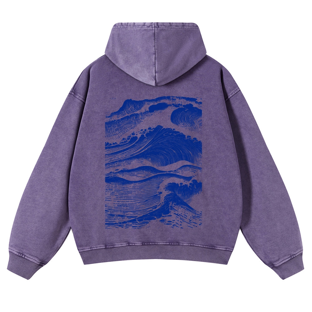 Casual Japanese Wave Washed Hoodie
