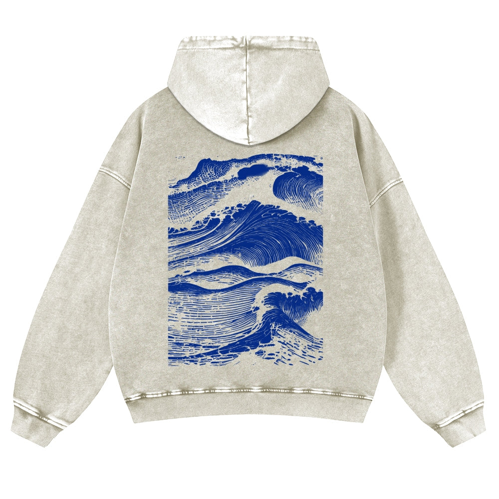 Casual Japanese Wave Washed Hoodie