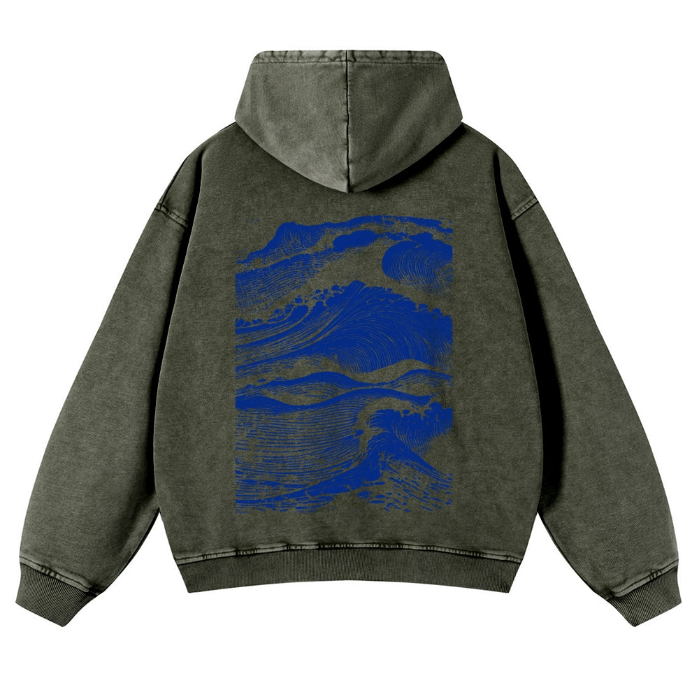 Casual Japanese Wave Washed Hoodie