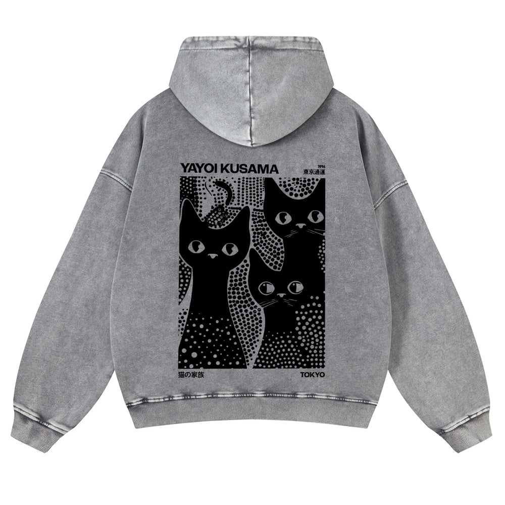 Casual Japanese Yayoi Kusama Black Cat Washed Hoodie