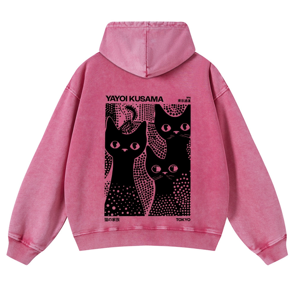 Casual Japanese Yayoi Kusama Black Cat Washed Hoodie