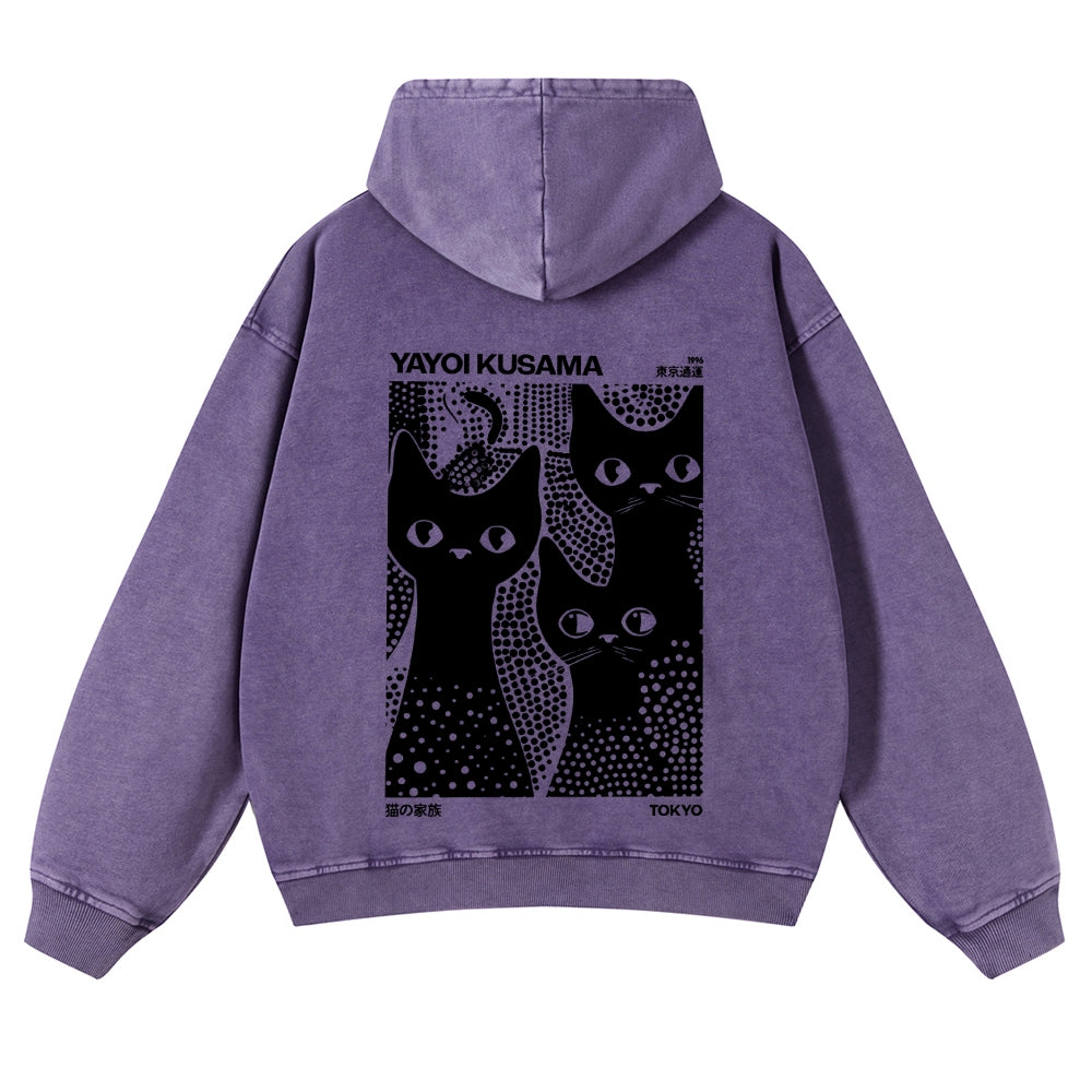 Casual Japanese Yayoi Kusama Black Cat Washed Hoodie