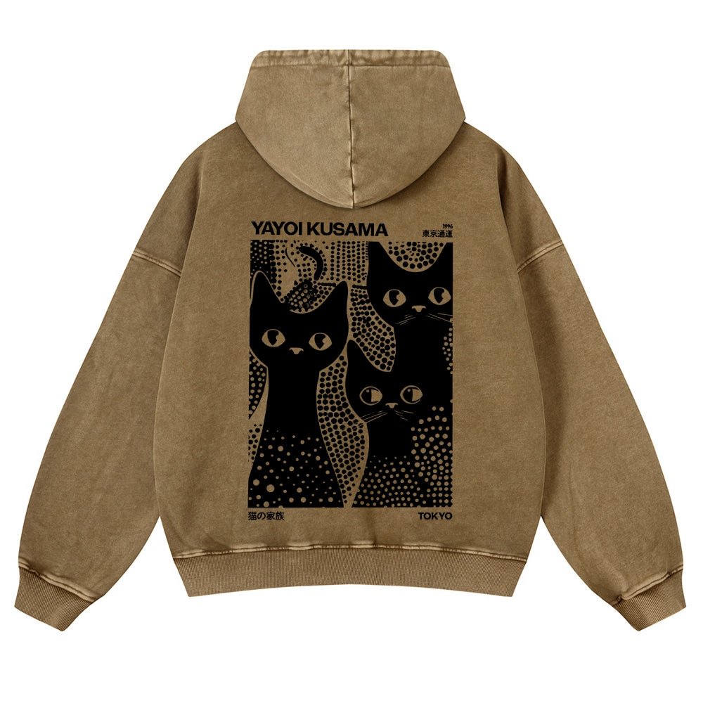 Casual Japanese Yayoi Kusama Black Cat Washed Hoodie