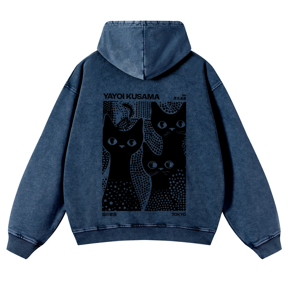 Casual Japanese Yayoi Kusama Black Cat Washed Hoodie