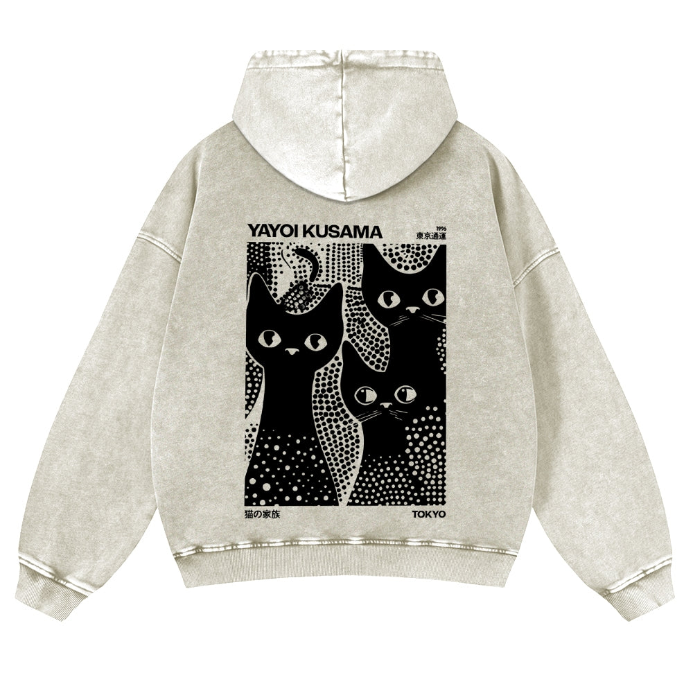 Casual Japanese Yayoi Kusama Black Cat Washed Hoodie