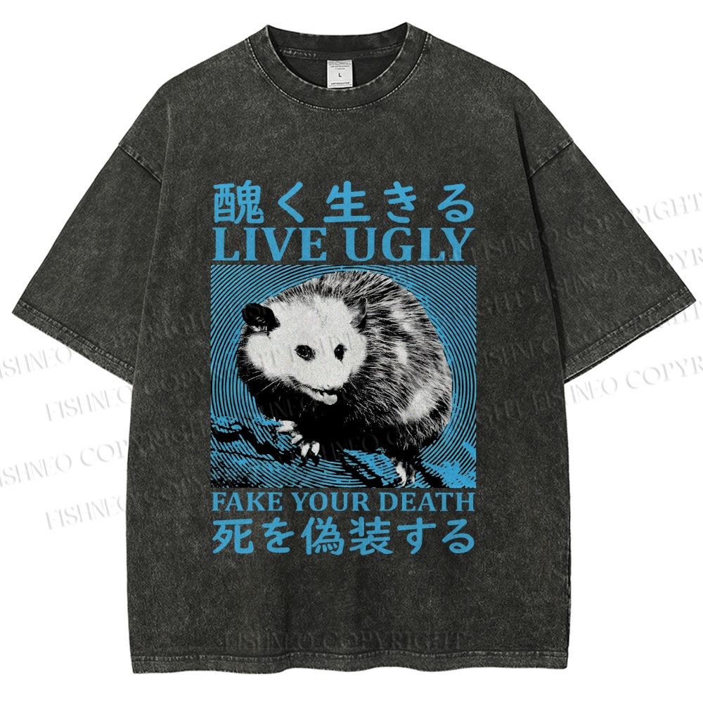 Unisex Japanese Live Ugly Opossum Printed Washed Tee