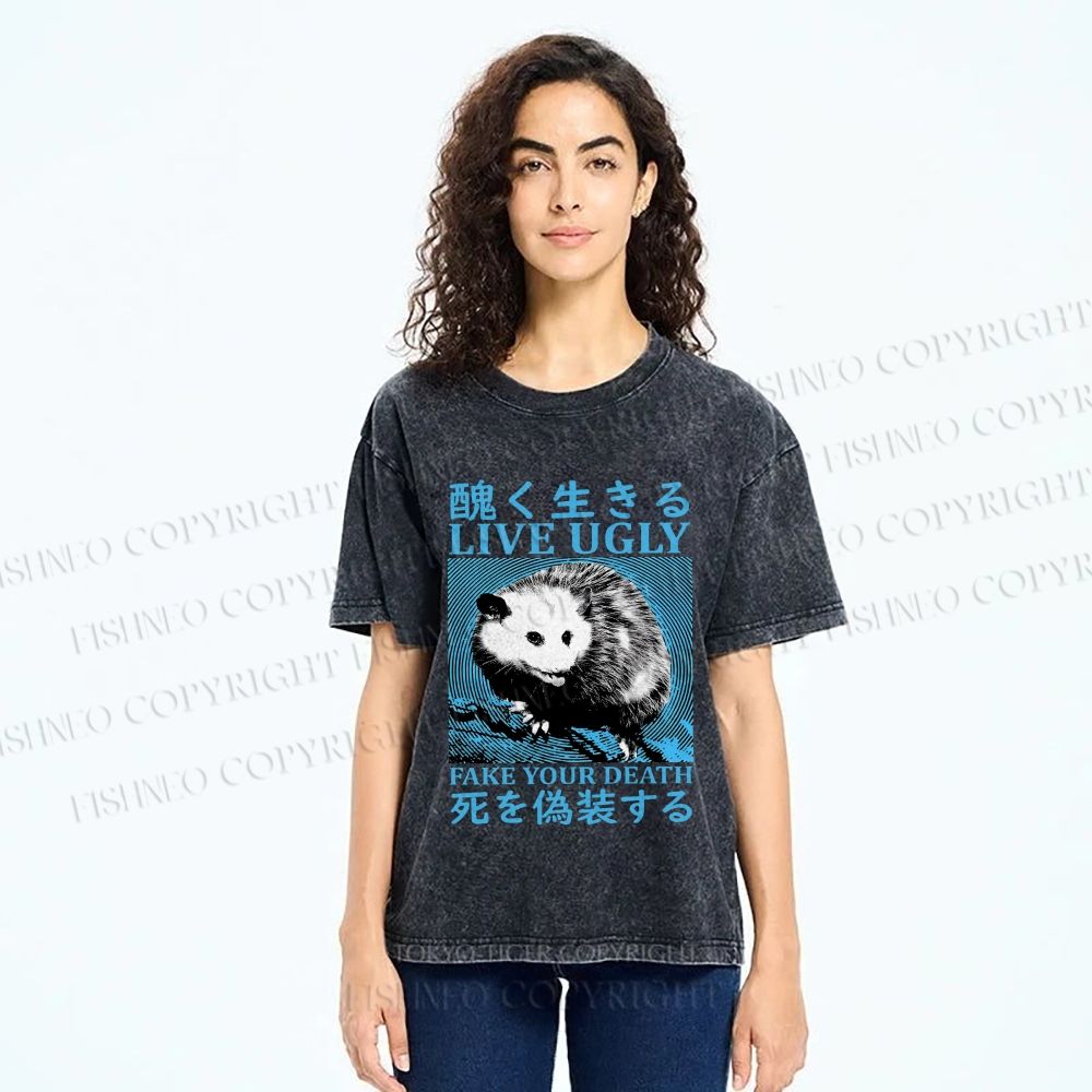 Unisex Japanese Live Ugly Opossum Printed Washed Tee