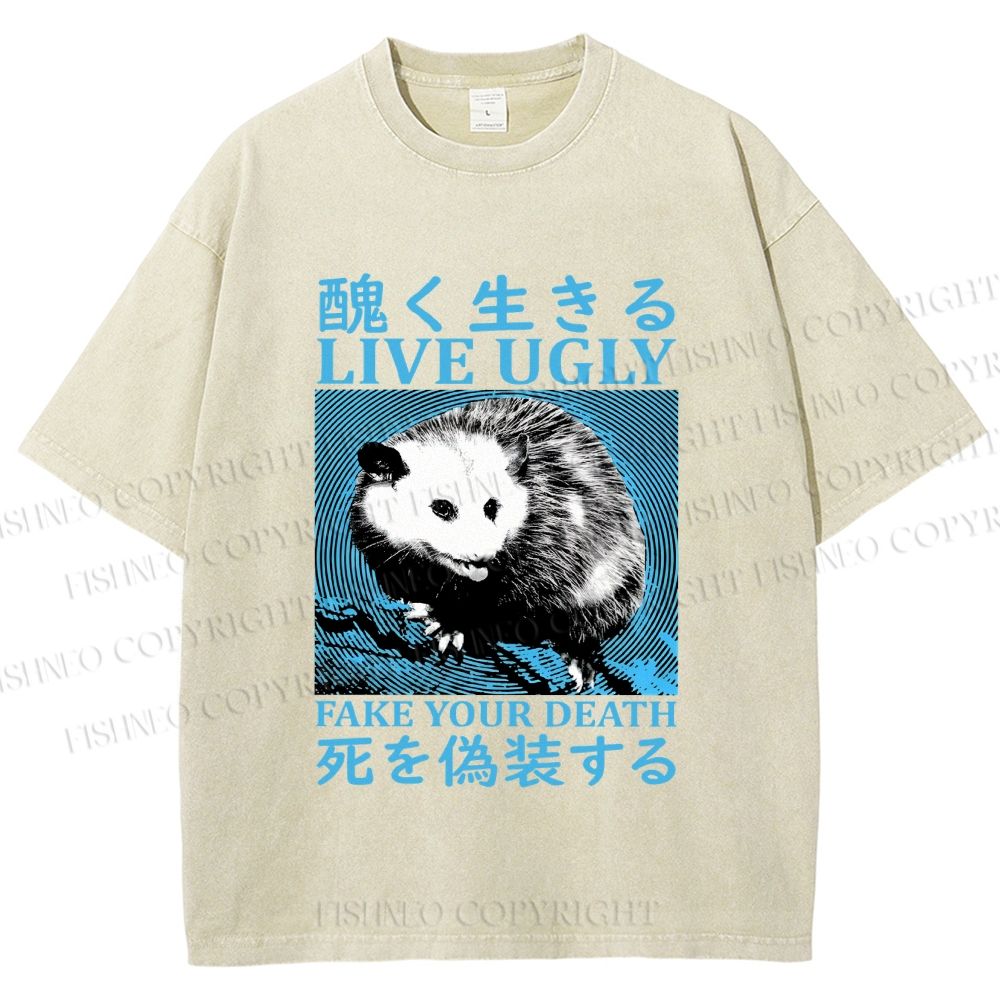 Unisex Japanese Live Ugly Opossum Printed Washed Tee