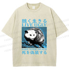Unisex Japanese Live Ugly Opossum Printed Washed Tee