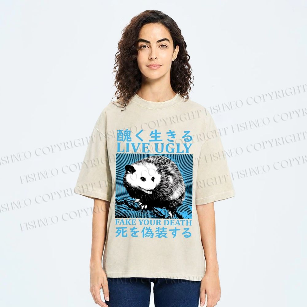 Unisex Japanese Live Ugly Opossum Printed Washed Tee