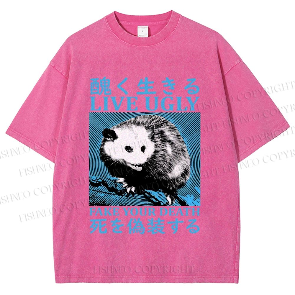 Unisex Japanese Live Ugly Opossum Printed Washed Tee