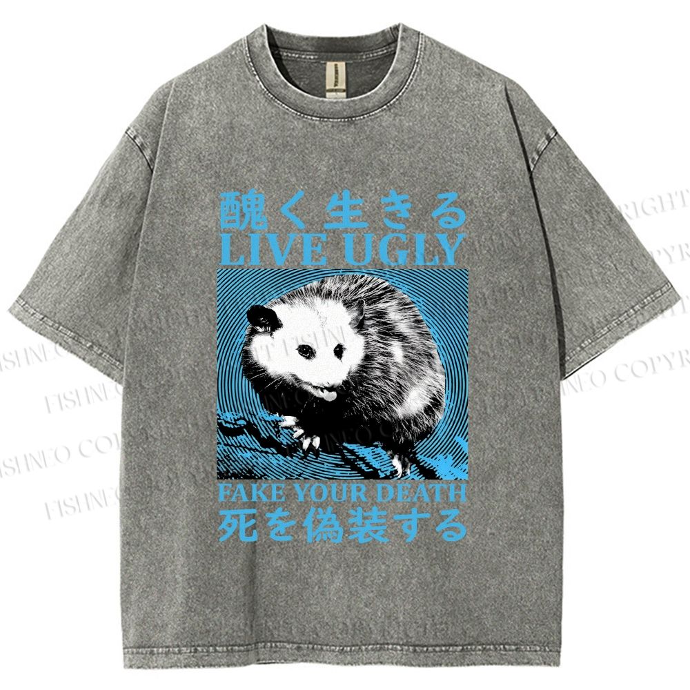 Unisex Japanese Live Ugly Opossum Printed Washed Tee