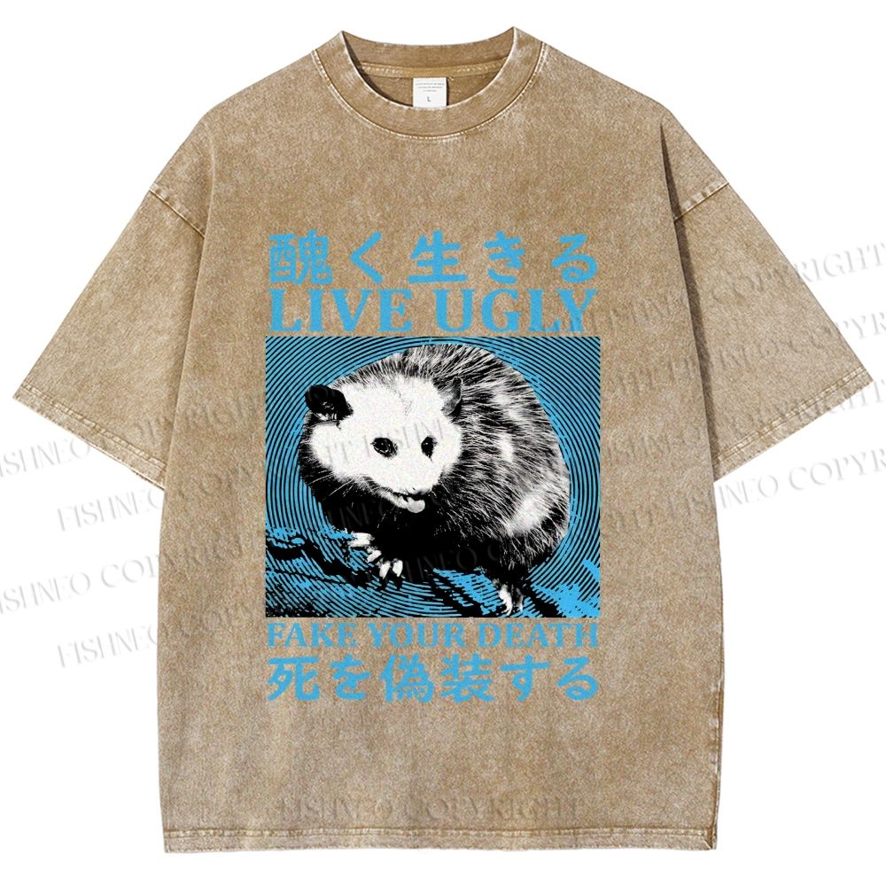 Unisex Japanese Live Ugly Opossum Printed Washed Tee