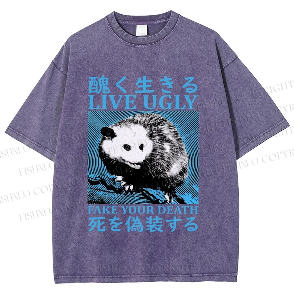 Unisex Japanese Live Ugly Opossum Printed Washed Tee