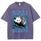 Unisex Japanese Live Ugly Opossum Printed Washed Tee