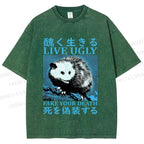 Unisex Japanese Live Ugly Opossum Printed Washed Tee