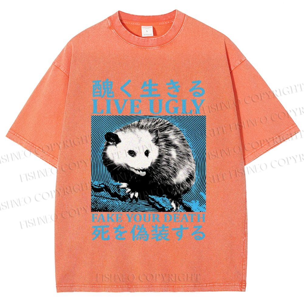 Unisex Japanese Live Ugly Opossum Printed Washed Tee