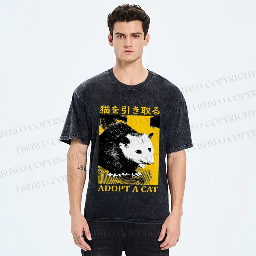 Unisex Japanese Adopt a Cat Opossum Printed Washed Tee