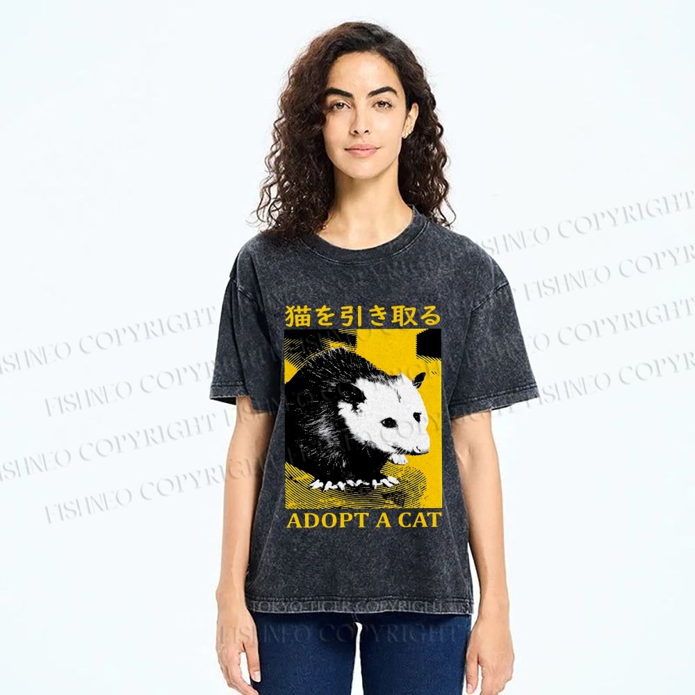 Unisex Japanese Adopt a Cat Opossum Printed Washed Tee