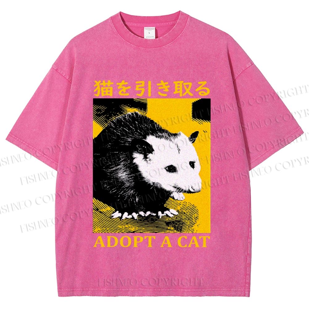 Unisex Japanese Adopt a Cat Opossum Printed Washed Tee