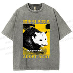 Unisex Japanese Adopt a Cat Opossum Printed Washed Tee
