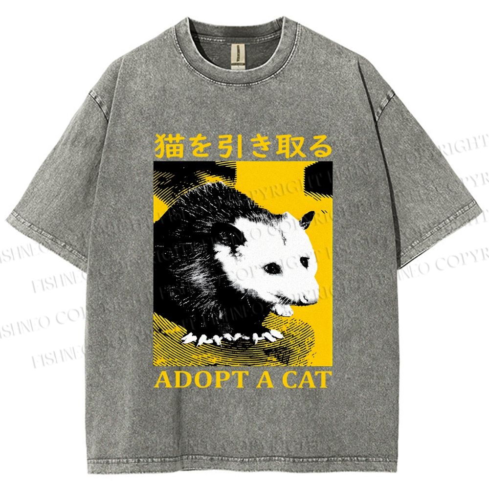 Unisex Japanese Adopt a Cat Opossum Printed Washed Tee
