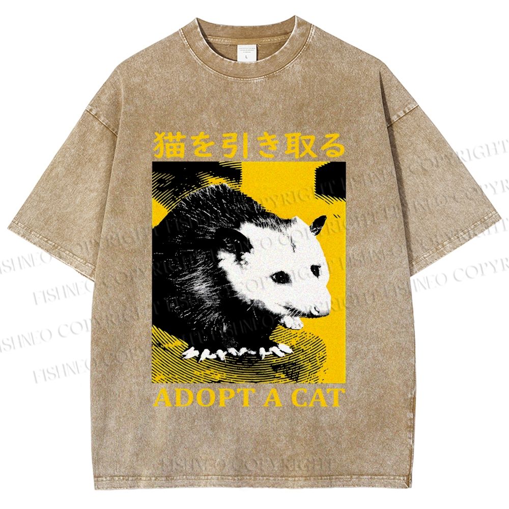 Unisex Japanese Adopt a Cat Opossum Printed Washed Tee