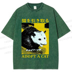 Unisex Japanese Adopt a Cat Opossum Printed Washed Tee