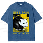 Unisex Japanese Adopt a Cat Opossum Printed Washed Tee