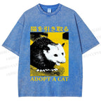 Unisex Japanese Adopt a Cat Opossum Printed Washed Tee