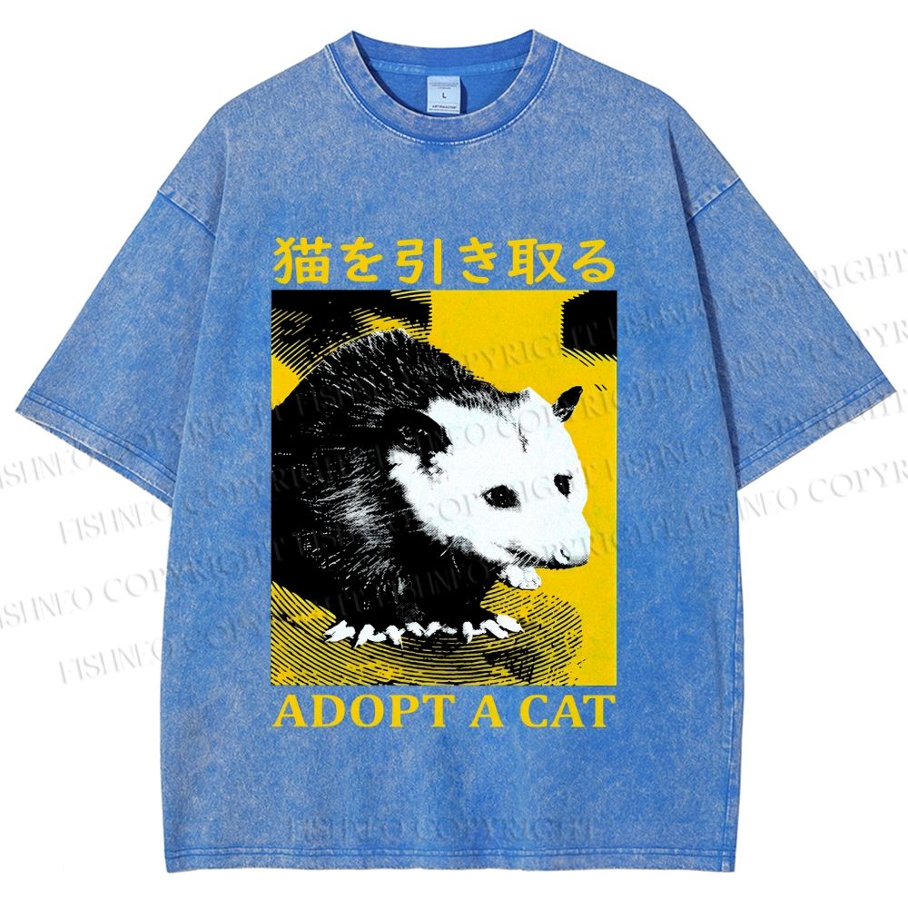 Unisex Japanese Adopt a Cat Opossum Printed Washed Tee