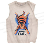 Unisex Lazy Cat Printed Washed Tank Top