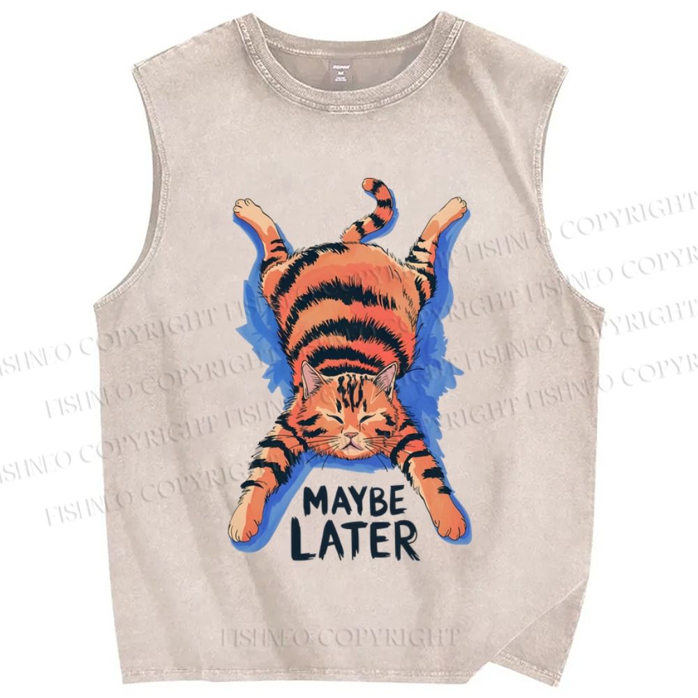 Unisex Lazy Cat Printed Washed Tank Top