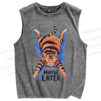 Unisex Lazy Cat Printed Washed Tank Top