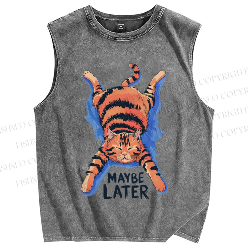Unisex Lazy Cat Printed Washed Tank Top
