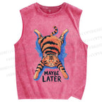 Unisex Lazy Cat Printed Washed Tank Top