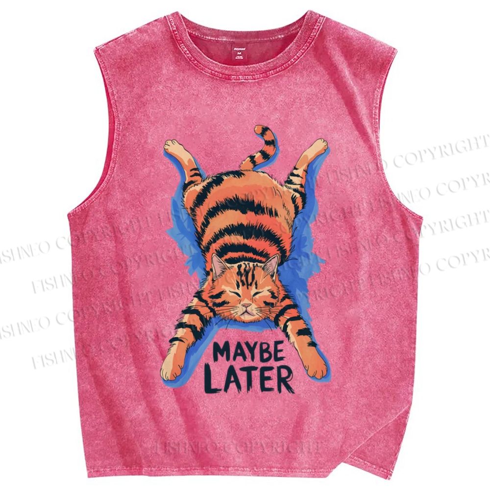 Unisex Lazy Cat Printed Washed Tank Top