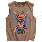 Unisex Lazy Cat Printed Washed Tank Top