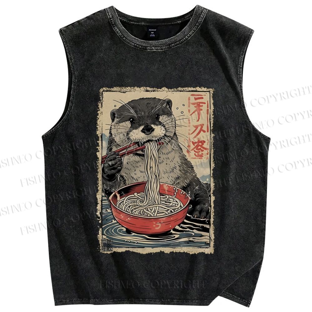 Unisex Otter Ramen Printed Washed Tank Top