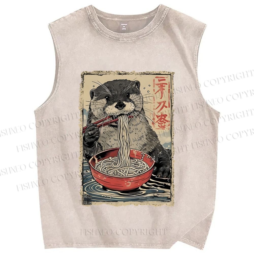 Unisex Otter Ramen Printed Washed Tank Top