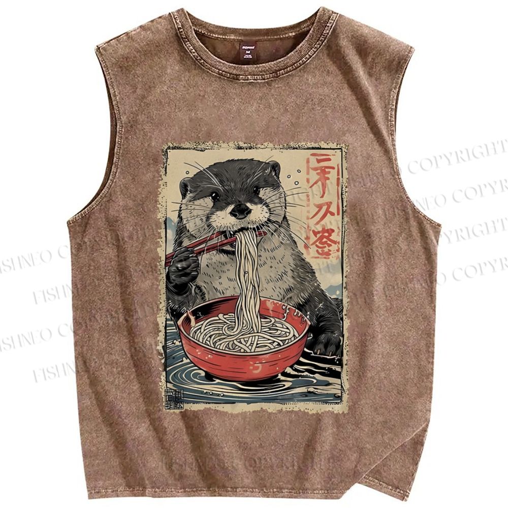 Unisex Otter Ramen Printed Washed Tank Top