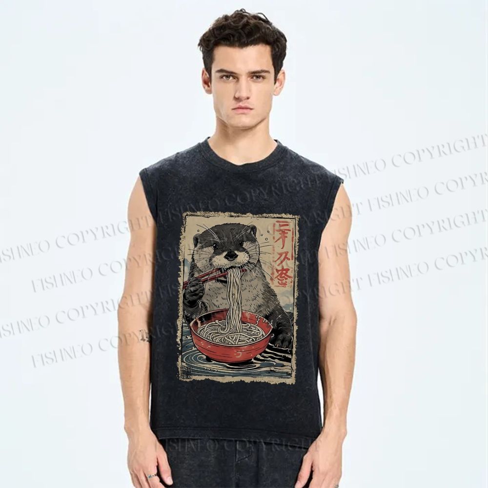 Unisex Otter Ramen Printed Washed Tank Top
