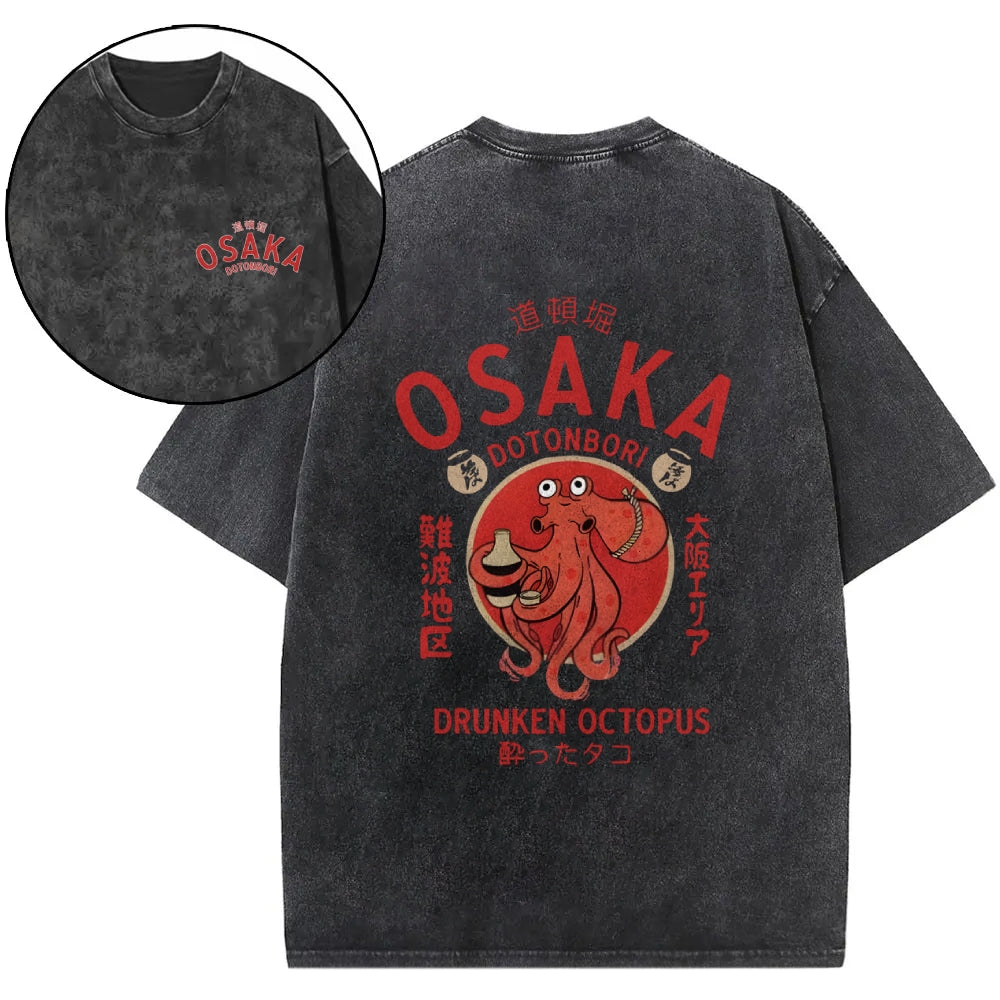 Osaka Dotonbori Drunken Octopus Vintage Wash Japanese Design Back Art T-Shirt