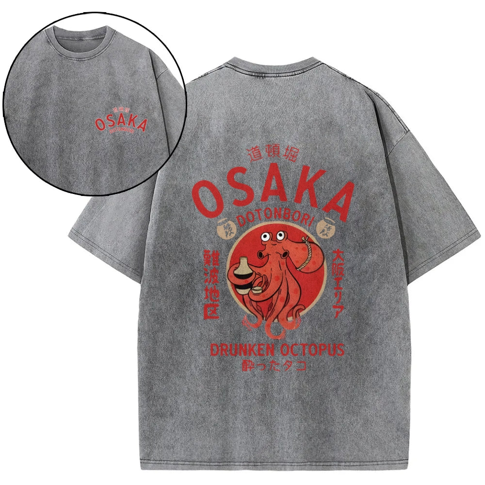 Osaka Dotonbori Drunken Octopus Vintage Wash Japanese Design Back Art T-Shirt