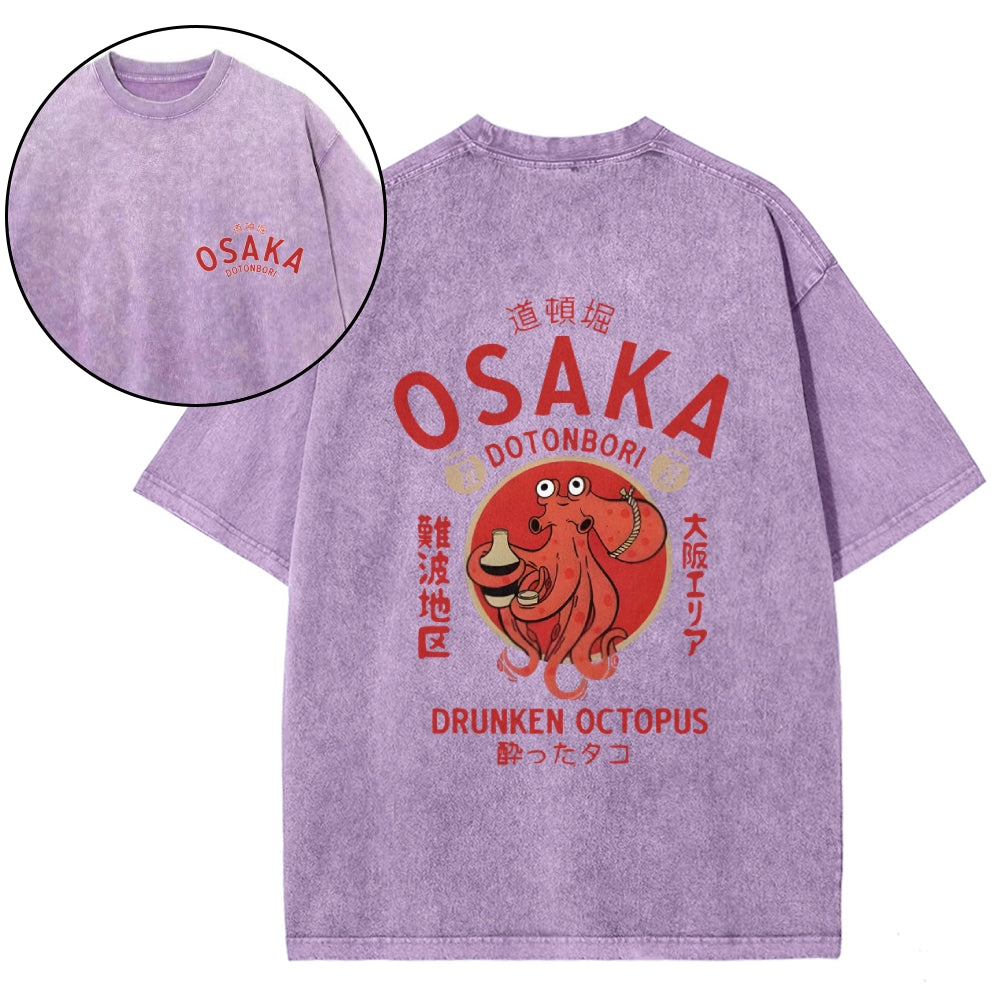 Osaka Dotonbori Drunken Octopus Vintage Wash Japanese Design Back Art T-Shirt